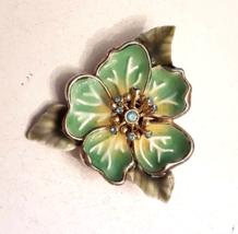 Monet Green Enamel Flower Brooch VTG Blue Rhinestone accent Floral Designer Pin - £13.93 GBP