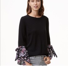 Loft Women&#39;s Black Sweater Mix Media Floral Bell Cuffs Medium - $18.69