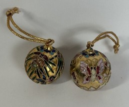Vintage Cloisonné Enameled Gold Ball Christmas Ornaments Birds Butterflies - £13.95 GBP