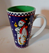 GIBSON--CERAMIC TALL COFFEE MUG / CUP SNOWMAN FOLK ART 6&quot; Christmas eggn... - $4.95