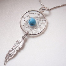 Turquoise Dream Catcher Sacred Feather Necklace 925 Sterling Silver n77g - £16.58 GBP