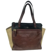 FOSSIL Black Brown Tan Leather Tote Shoulder Hand Bag Carryall Satchel - £49.96 GBP
