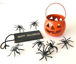 Happy Halloween Wood Ornament + Small Metal Jack o&#39;Lantern + 7 Plastic Spiders - £15.20 GBP