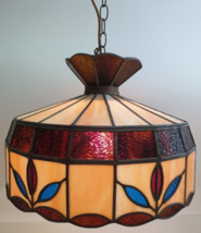 Stained Slag Glass Swag Lamp Hanging Chandelier Light VTG MCM Cream Flow... - £117.31 GBP