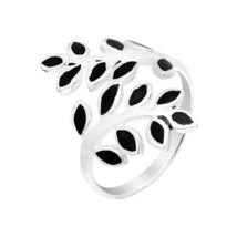 Peaceful Olive Branch Sterling Silver &amp; Simulated Black Onyx Inlay Wrap Ring - 9 - £15.52 GBP