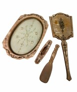 Vtg 4pc Vanity Set Beveled Pearlized Embossed Amber Dresser Tray Mirror ... - $61.03