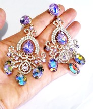 Rhinestone Statement Earrings, Chandelier Drop Earrings, Purple Pageant Earrings - £37.27 GBP