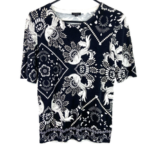 Talbots Knit Top Womens S Short Sleeve Peacock Print Black White Cotton Blend - £8.63 GBP