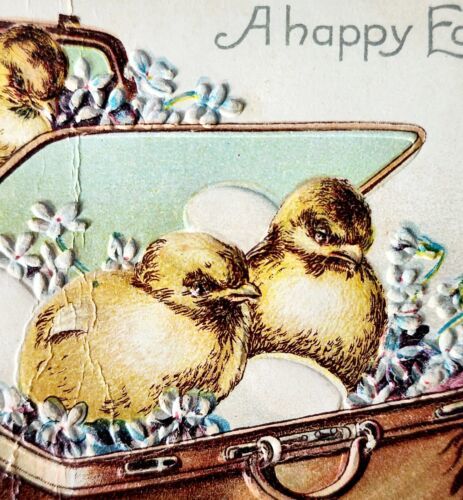 Happy Easter 1898 Victorian Greeting Postcard Embossed Chicks Egg Luggag... - £26.55 GBP