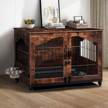 Dog Crate Furniture With 360 Rotatable Hidden Bowls, Heavy Duty Wooden Dog Kenn - $160.99