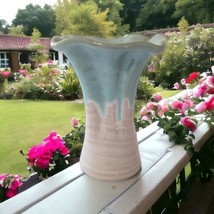 Erik Hertz Pottery Vase Volcano Pinched Beige Turquoise Vase Signed Drip... - $34.64