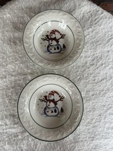 Set 2 Vintage GEI Christmas Family Cereal Soup Stoneware Holly Embossed Snowman - $4.75