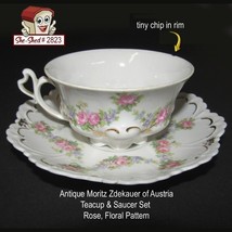 Antique Austria M.Z. Moritz Zdekauer Rose Floral Teacup &amp; Saucer Set Tea Cup - £39.87 GBP