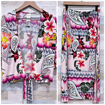 Chicos Ikat Floral Tie Front Kimono &amp; Maxi Skirt Set Pink Casual Womens Medium 1 - £46.71 GBP