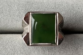 Sterling silver men&#39;s heavy square green jade statement ring - £43.96 GBP