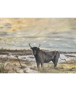 1960s French Vintage oil painting on canvas Bull of Camargue Southern Fr... - $295.00