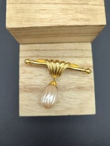 Gold Tone Bar Brooch with Faux Hanging Pearl  SIGNED Richelieu Fur Pin - £15.45 GBP