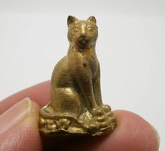 Magic lucky Cat standing on gold money blessed in 1980s Thai mini brass amulet g - £23.54 GBP