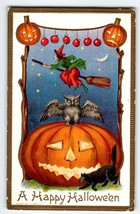 Halloween Postcard Witch Owl Stands On JOL Pumpkin Black Cat 630 LR Conwell 1910 - £134.25 GBP