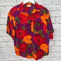 Vintage Hawaiian Bright Floral Button-Up Blouse Womens M/L Red Purple 90... - £23.70 GBP