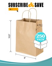 250 Pack Brown Kraft Paper Shopping Bags 8&quot; x 4.75&quot; x 10.5&quot; /w Handle - £126.75 GBP