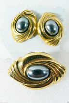 Gold Tone Metal Hematite Faux Bolo tie or Pin Brooch &amp; Earrings Set Elegant - $30.89