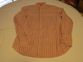 Mens Massimo Dutti M salmon white stripe long sleeve button up shirt casual EUC@ - £13.45 GBP