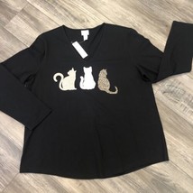 Weekends by Chicos Size 3 Long Sleeve Cotton Shirt Black Cats Women Size XL New - £18.48 GBP