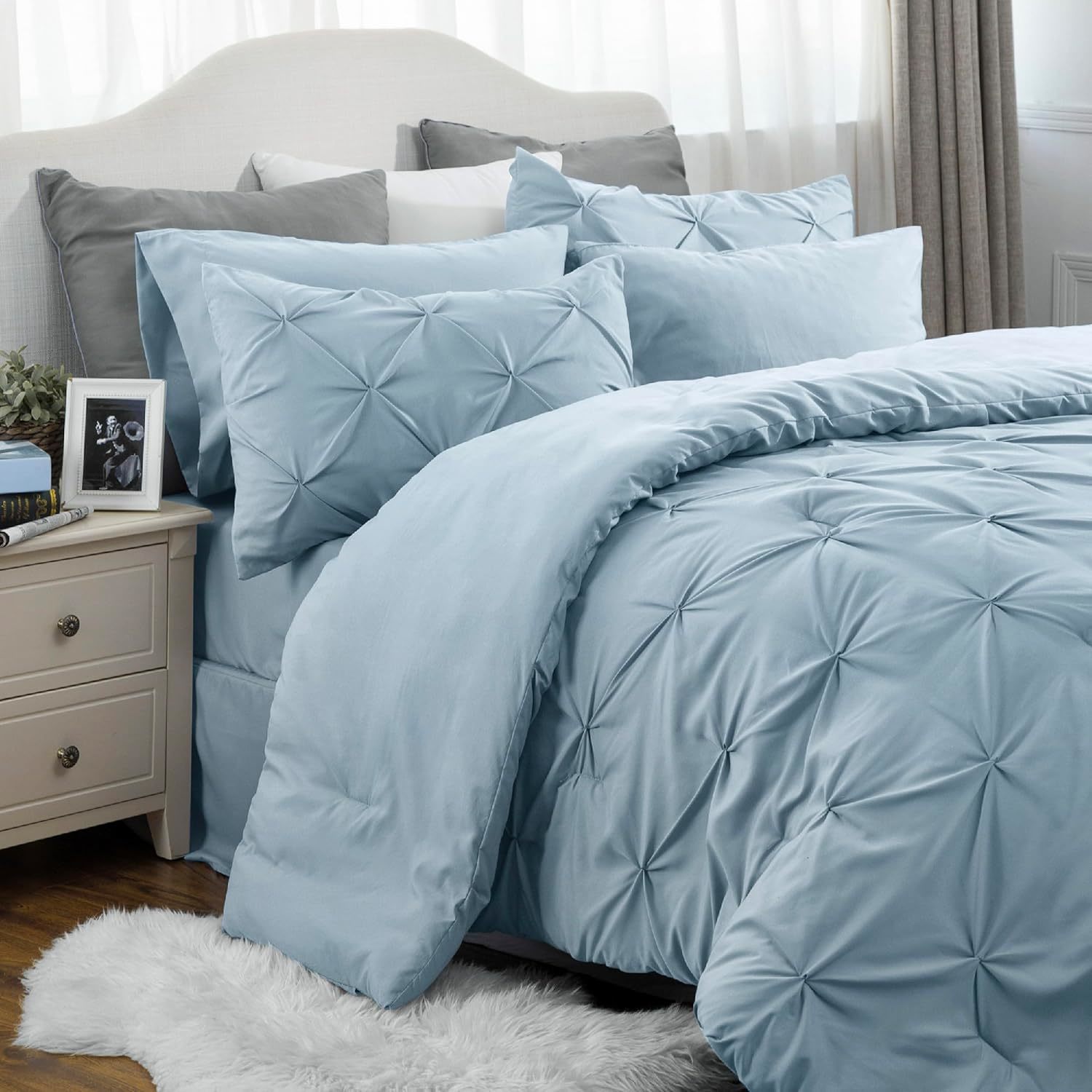 King Size Comforter Set - Bedding Set King 7 Pieces, Pintuck Bed In A Bag Light