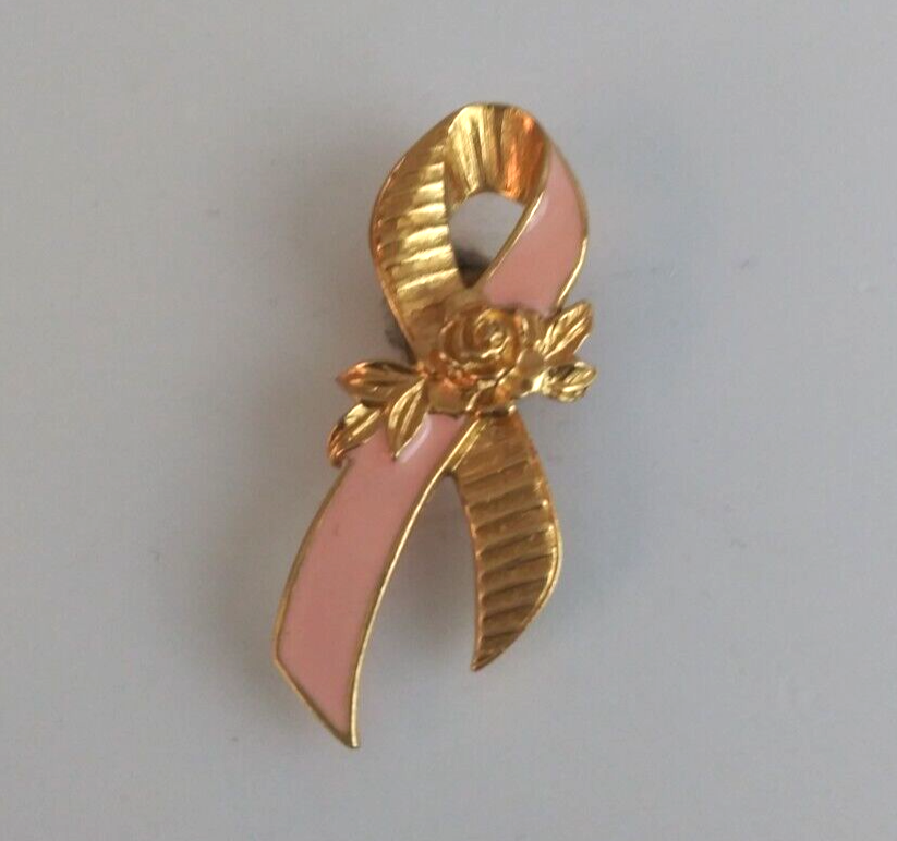 Primary image for Vintage Avon Breast Cancer Awareness Ribbon With Rose Lapel Hat Pin