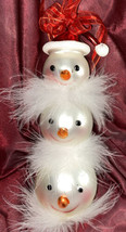 Vintage Glass Snowman Head Ornament Stacked White Fluffy Scarfs And Santa Hat - £11.95 GBP