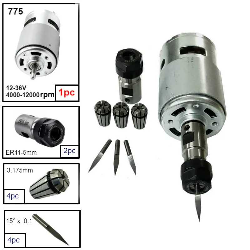 775 DC Motor 12-36V Ball ing Spindle Motor with ER11 Extension Rod Carvi... - $373.13