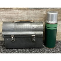 Montgomery Ward Metal Glass Lined Corked Thermos w/ Metal Lunchbox - Vin... - $27.08