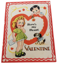 Carrington Vintage Valentine Card Here is my Heart Boy Girl Dog 1940s No... - $8.99
