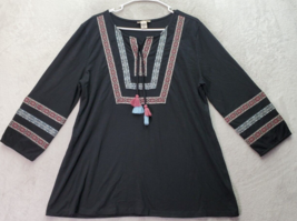 Style&amp;co. Boho Top Women Large Black Cotton Long Sleeve V Neck Tassel Dr... - £16.57 GBP
