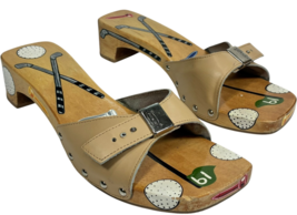Dr. Scholls 19th hole Golf Theme Wooden Sandals Tan Leather 482DS11 wome... - $40.85