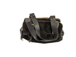 Danier Handbag Dark Green Genuine Leather Suede Bag Double Strap Gold Hardware - £30.46 GBP