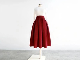 Winter Wine Red Pleated Skirt Women Plus Size Woolen Midi Party Skirt image 4