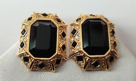 Clip Earrings Etched Antique Gold Tone Octagon Black Cabochons Crystals Vintage - £23.93 GBP