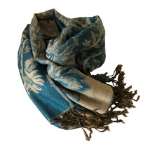 Teal Beige Floral Viscose Scarf Wrap 71x28 plus Fringe - £14.71 GBP