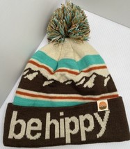 Be Hippy Beanie Toque Adult One Size Brown Blue Knit Acrylic Mountain Ski Pom - £14.69 GBP