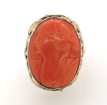 10k Yellow Gold Genuine Natural Coral Cameo Ring Arts and Crafts Leaves ... - $564.30