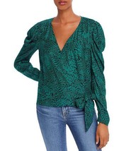 $238 Parker Green Animal-Print Silk-Blend Balloon-Sleeve Wrap Top Size XS NWOT - £57.48 GBP