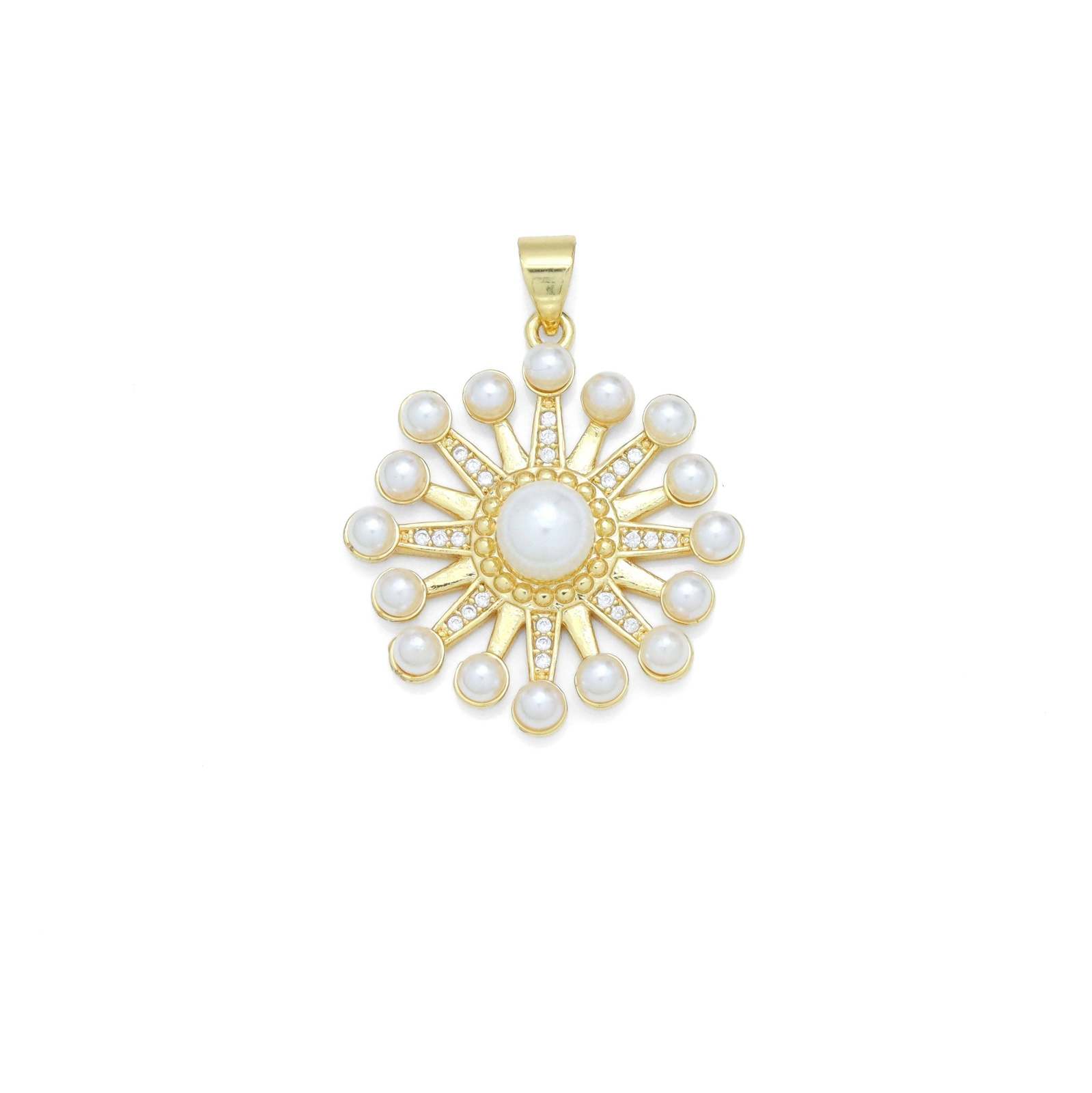 CZ Pave Gold White Pearl North Star Charm Pendant, Sku#LX627