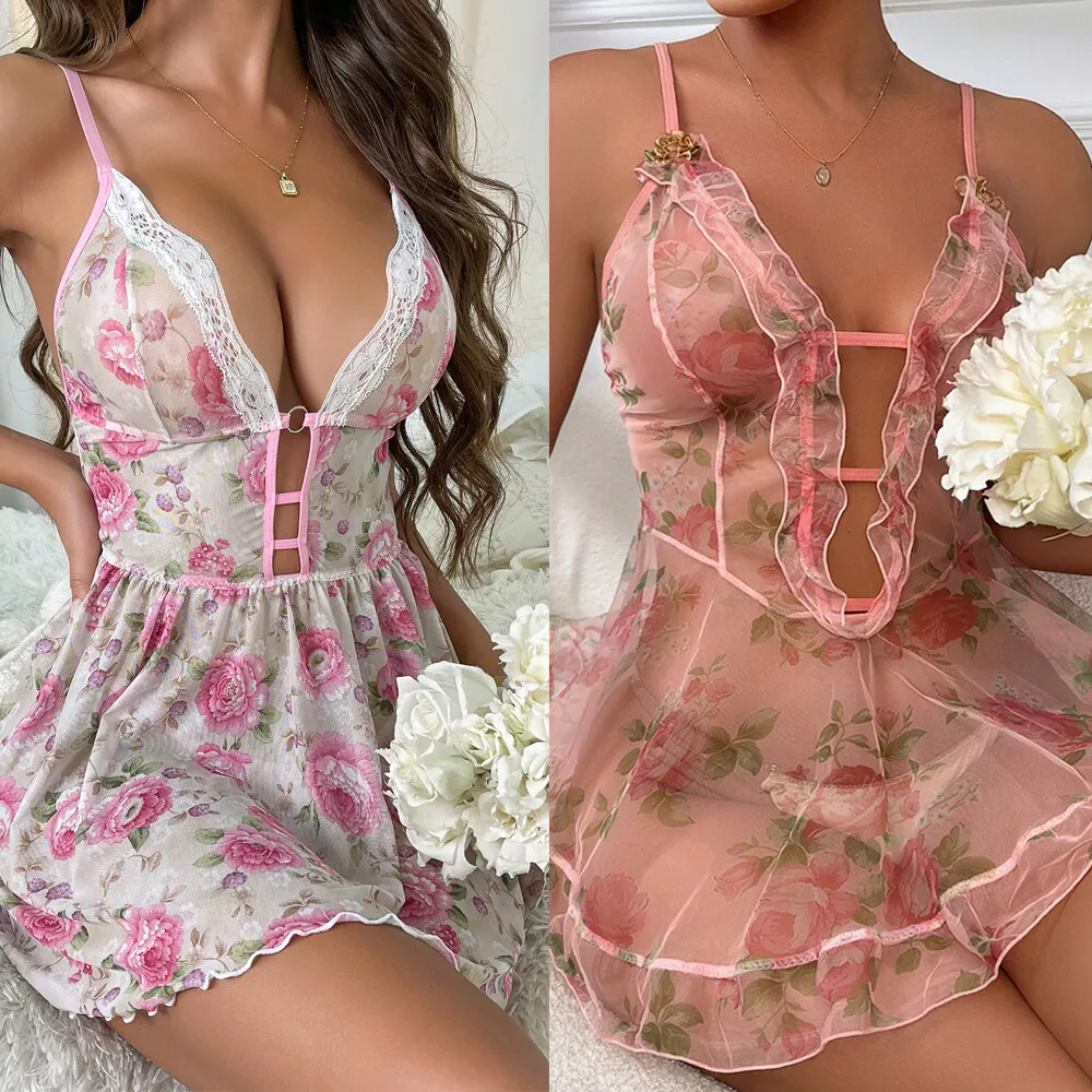 Sexy-Lingerie Womens Lace Mini Dress Sheer Chemise Babydoll Sleepwear Ni... - $18.02