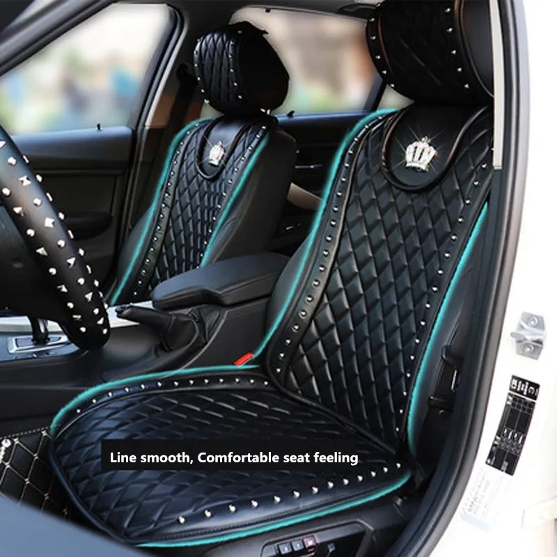Leather Car Seat Cover Crown Rivets Auto Cushion Interior Accessories Black - £67.48 GBP+