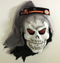 Halloween Skull Mask Light Up Red Eyes Mesh Black Hood Skeleton Scary Costume - £14.86 GBP