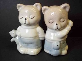 Set figural Teddy Bear china salt &amp; pepper shakers pastel blue brown 3.5&quot; tall - £5.19 GBP
