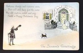 Antique Season&#39;s Greetings Christmas Card Victorian Couple Dog Unposted Pre 1920 - £10.62 GBP