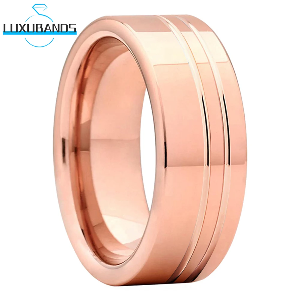 8mm 6mm Rose  Tungsten Carbide Ring For Women Men Two Grooved Flat Engagement Po - £39.19 GBP